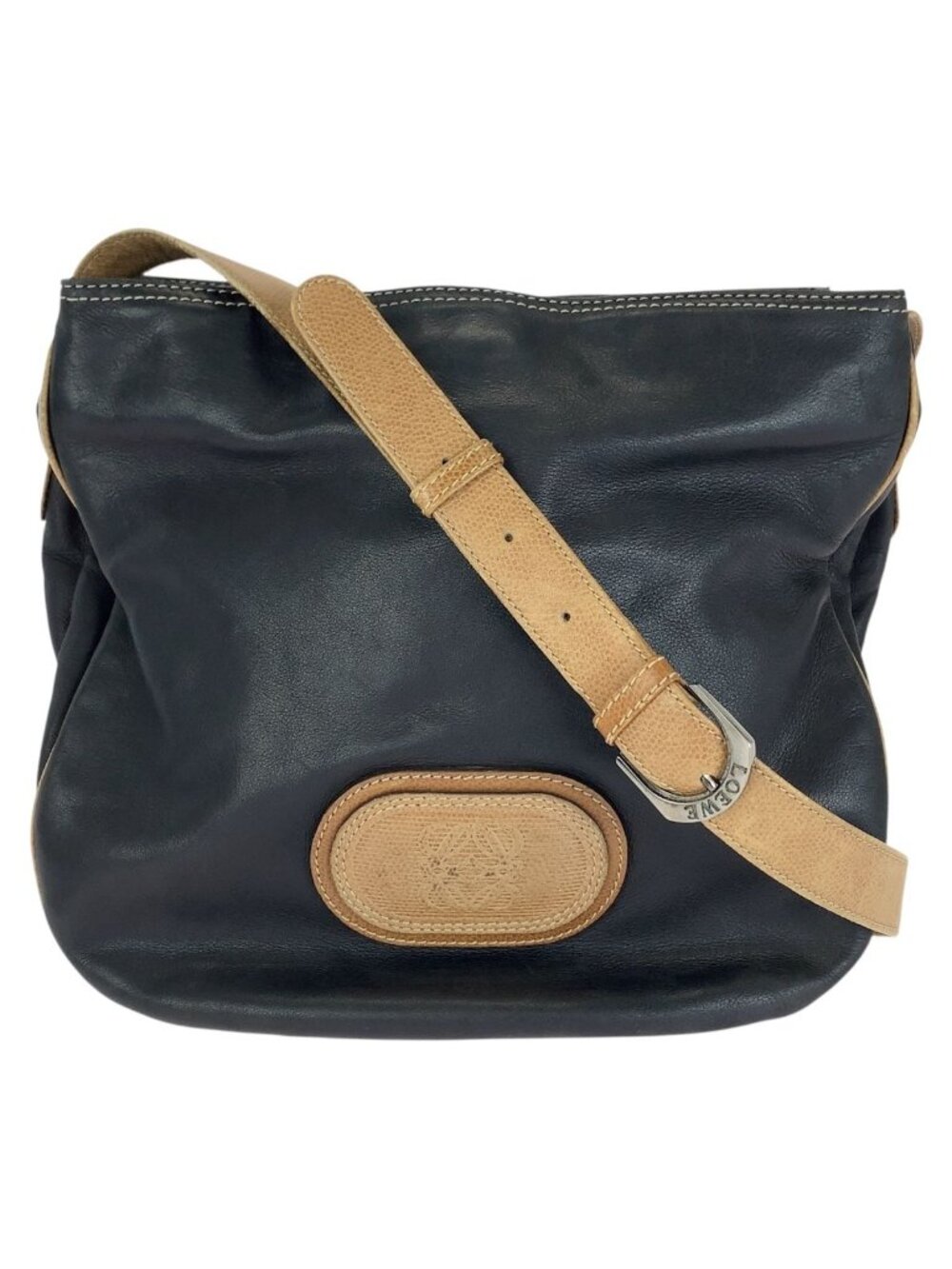 Loewe Vintage Anagram Black Brown Silver Leather Shoulder Bag